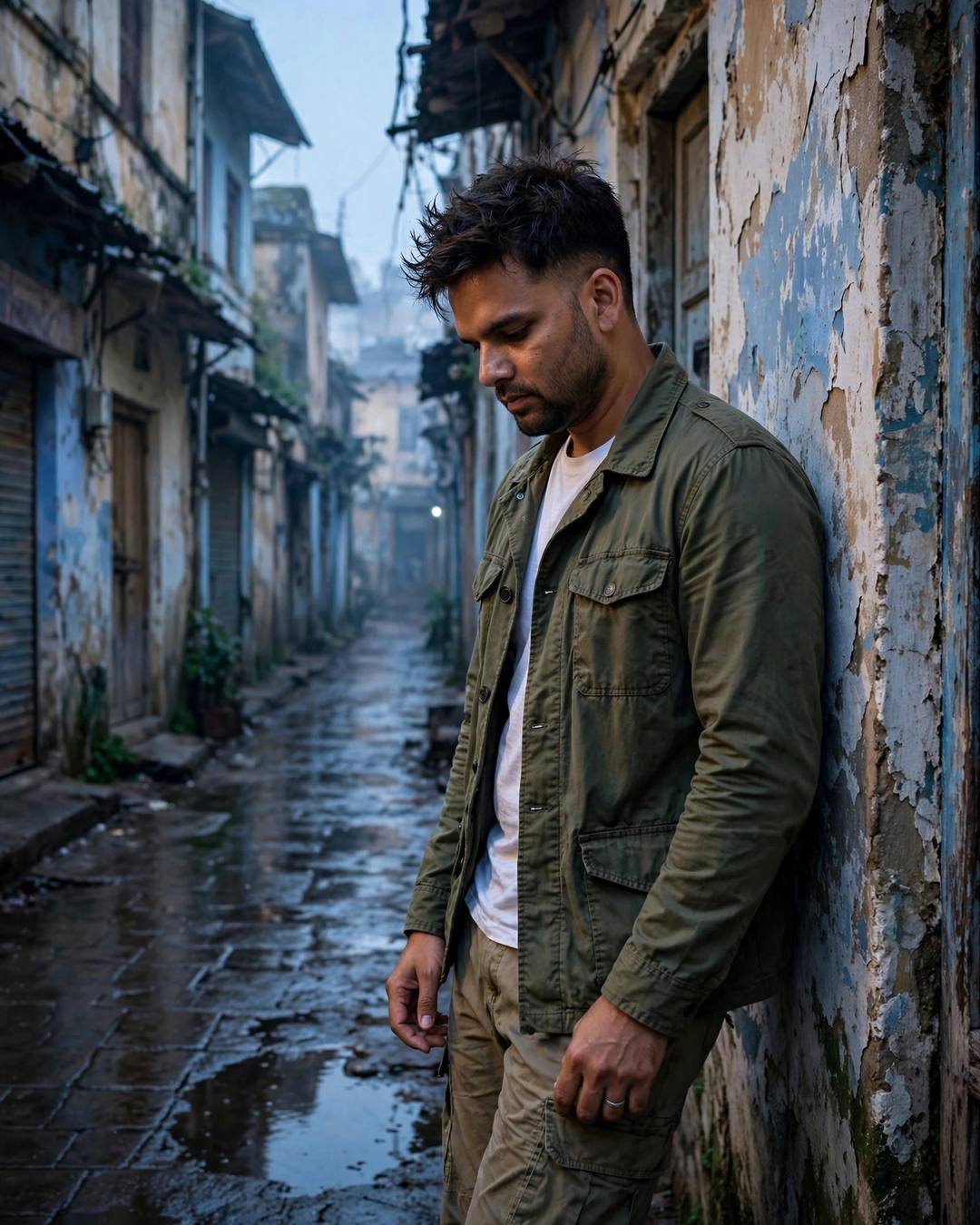 Young Indian man in olive field jacket leaning against a peeling wall in a narrow old-city lane at dawn, head bowed