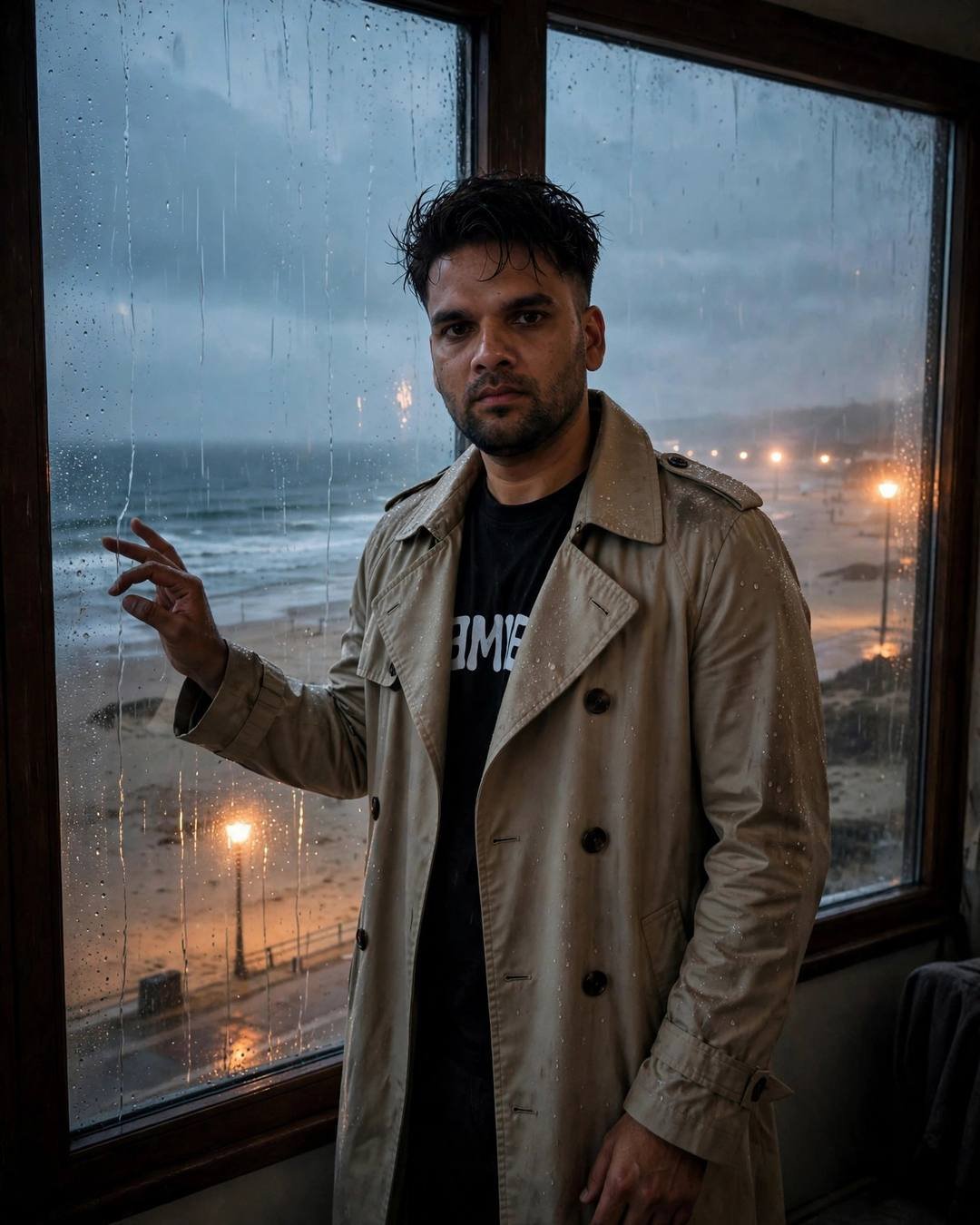 Young Indian man in beige trench coat at a rain-streaked window overlooking a beach at dusk
