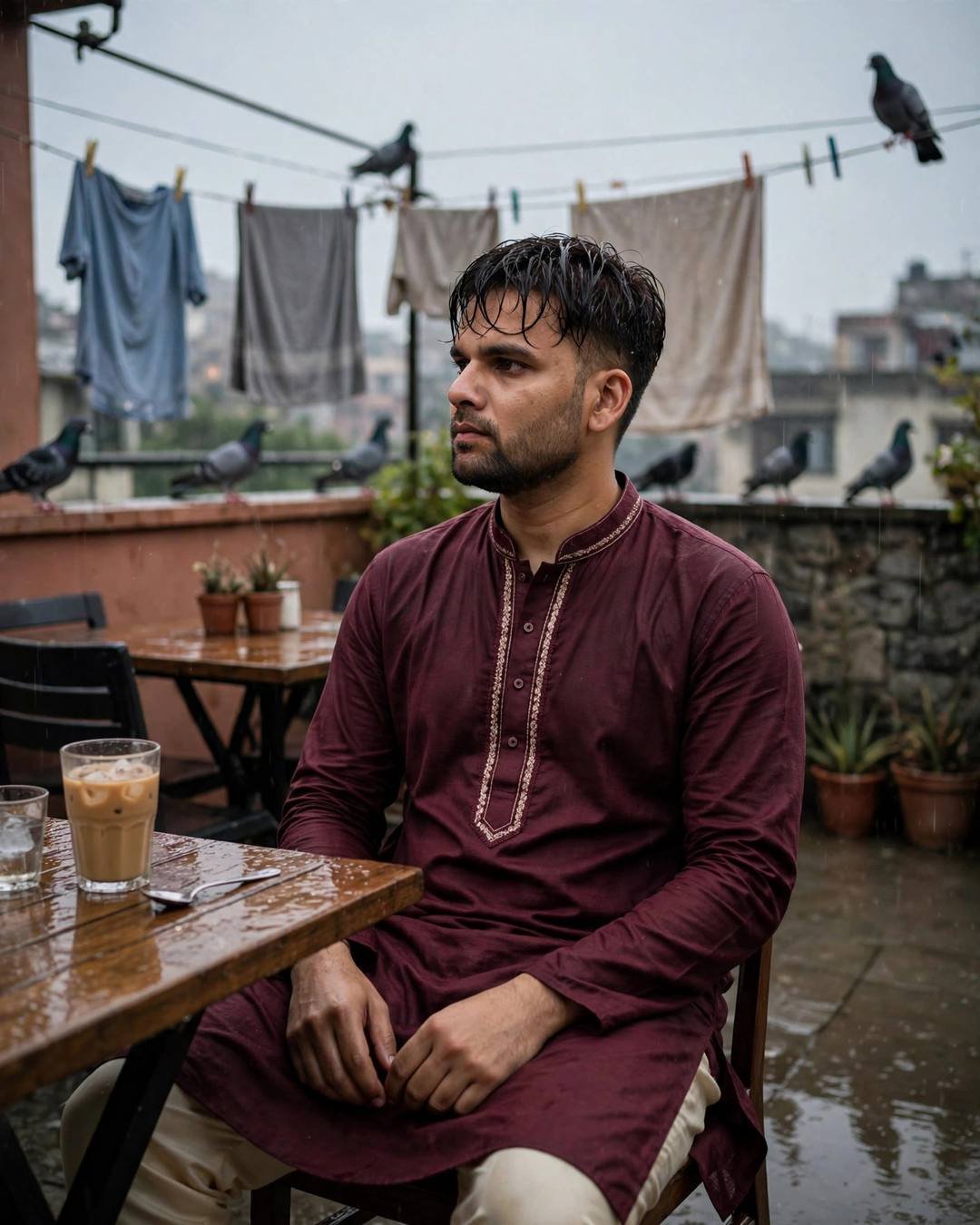 Young Indian man in maroon kurta sitting at a terrace café table with pigeons and clothes lines behind, lost in thought