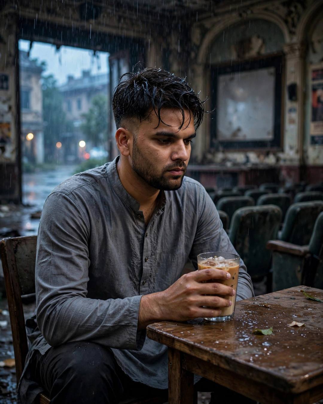 Young Indian man in grey kurta holding an iced coffee inside an abandoned cinema hall with rain falling through the roof