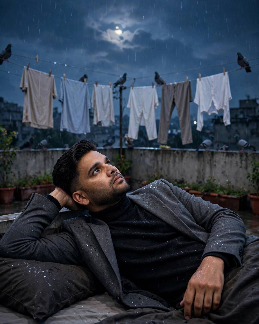 Young Indian man in charcoal blazer lying on a rooftop terrace bed at night, staring at the moonlit sky