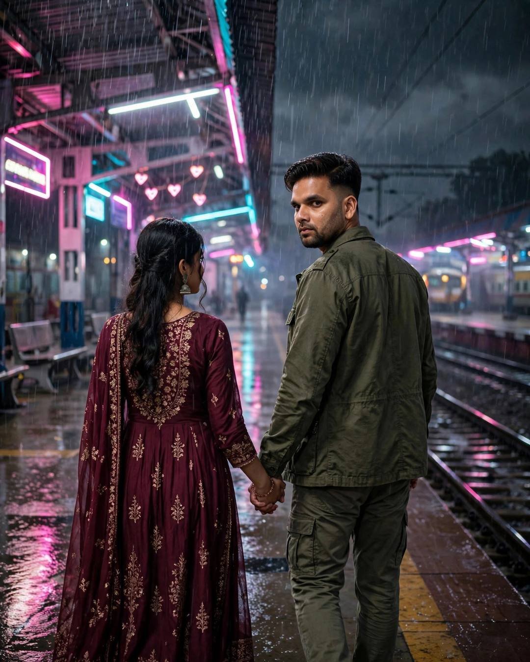 Couple walking hand in hand on a rainy railway platform at night with neon pink and cyan lights