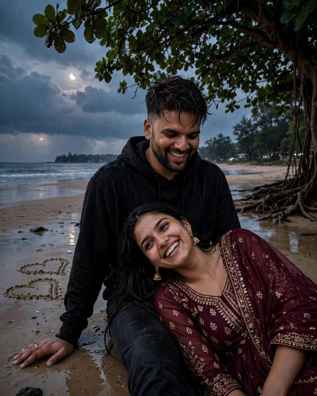 Laughing couple on a beach at dusk with hearts drawn in sand, moon rising over water