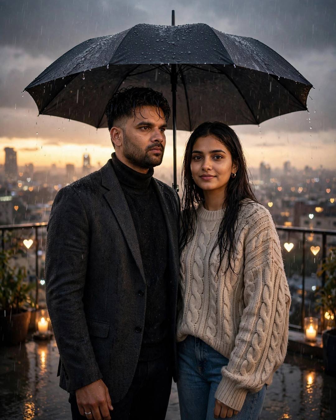 Couple under one black umbrella on a rainy rooftop at dusk, candles and city lights around