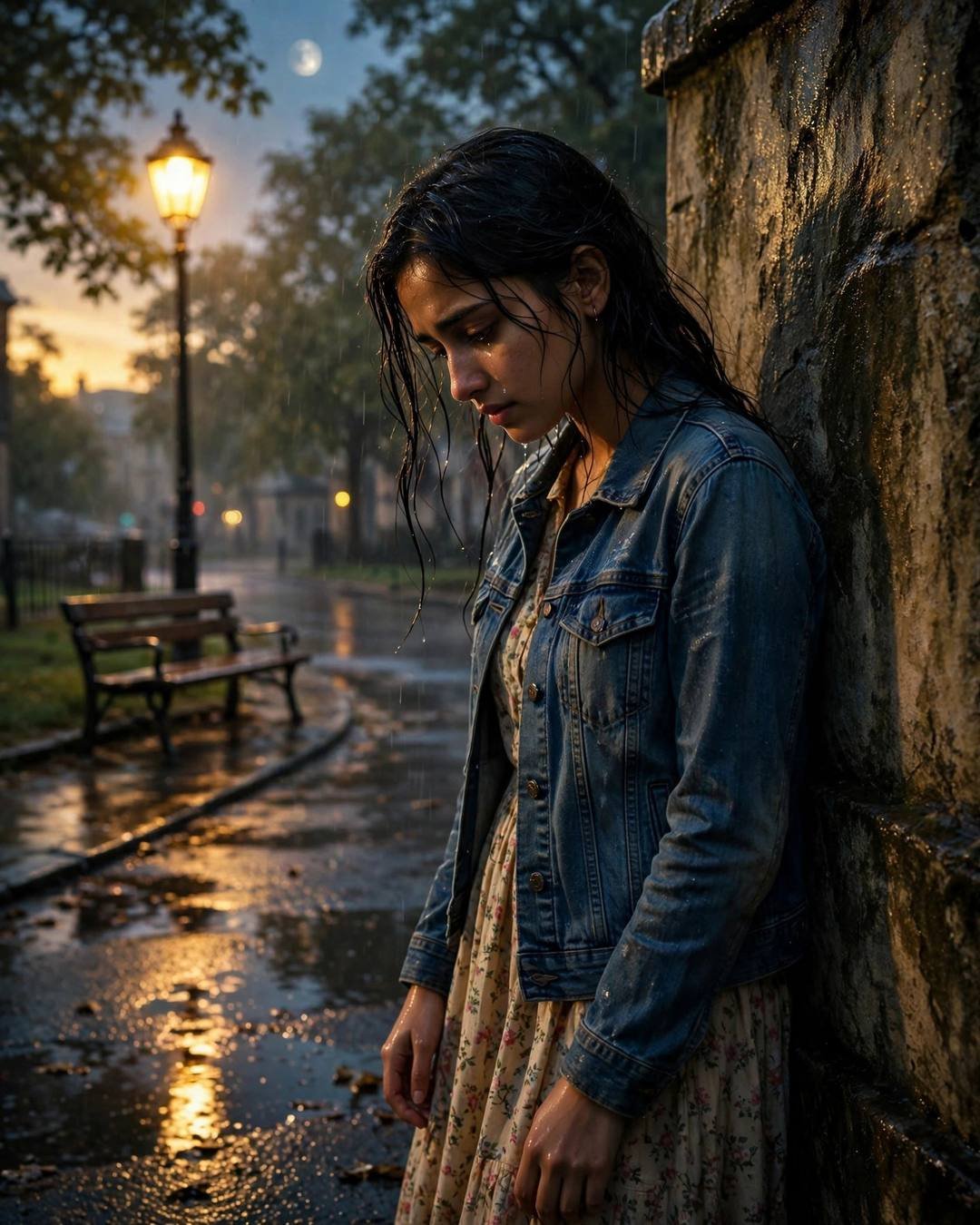 Young Indian woman in denim jacket over floral dress leaning against a stone wall near a park bench at golden hour, head bowed