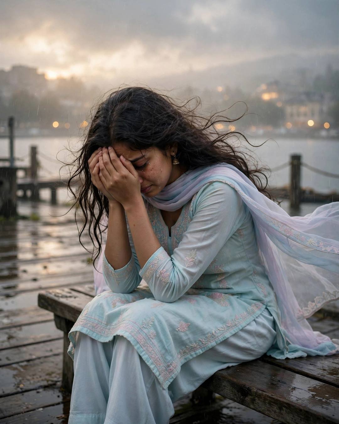 Young Indian woman in pastel salwar-kameez sitting on a bench at a lake pier at dawn, head in hands