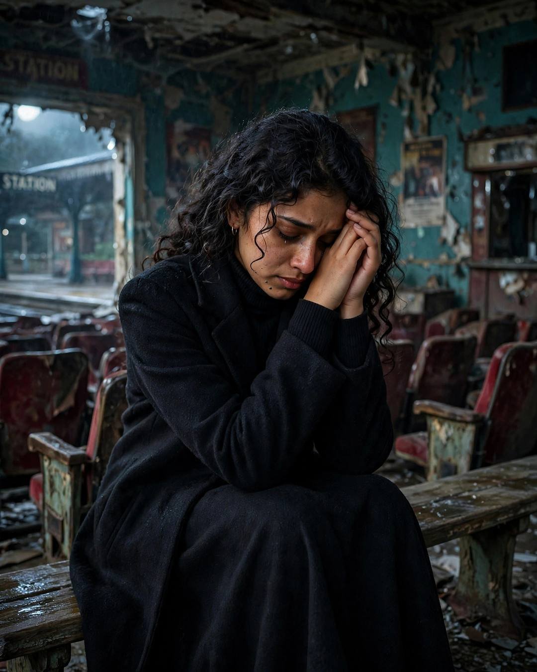 Young Indian woman in black turtleneck sitting on a bench in an abandoned station hall, head in hands