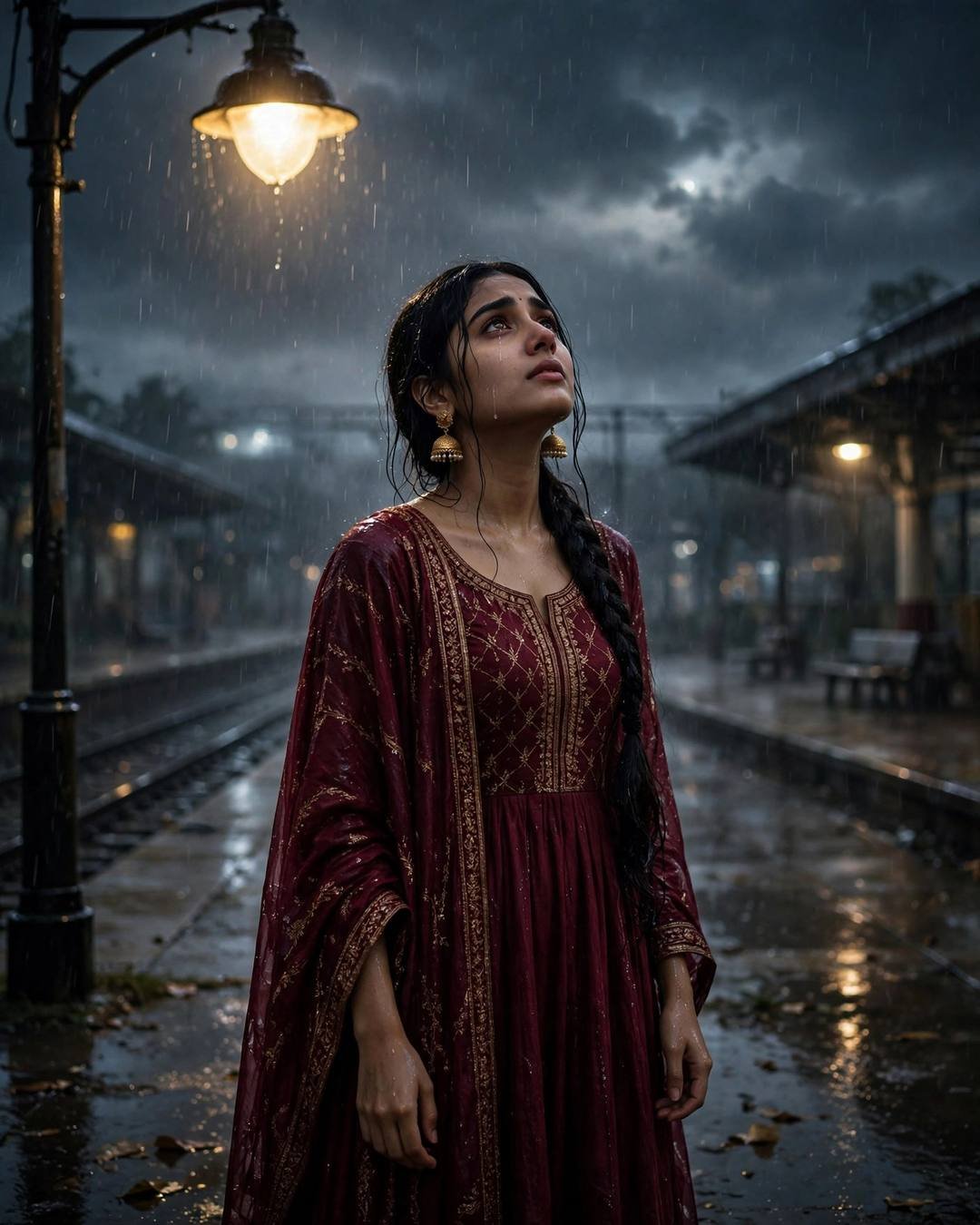 Young Indian woman in maroon anarkali with jhumkas standing under a streetlamp in rain on a railway platform at night, face lifted
