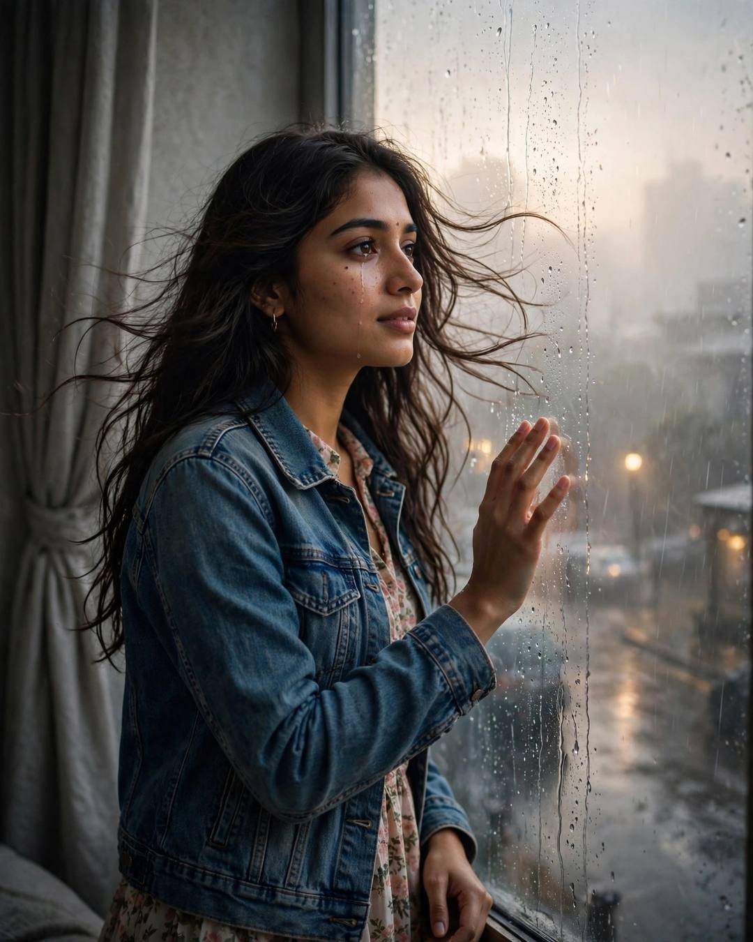 Young Indian woman in denim jacket at a rain-streaked window, hand on glass, tear on cheek and smiling