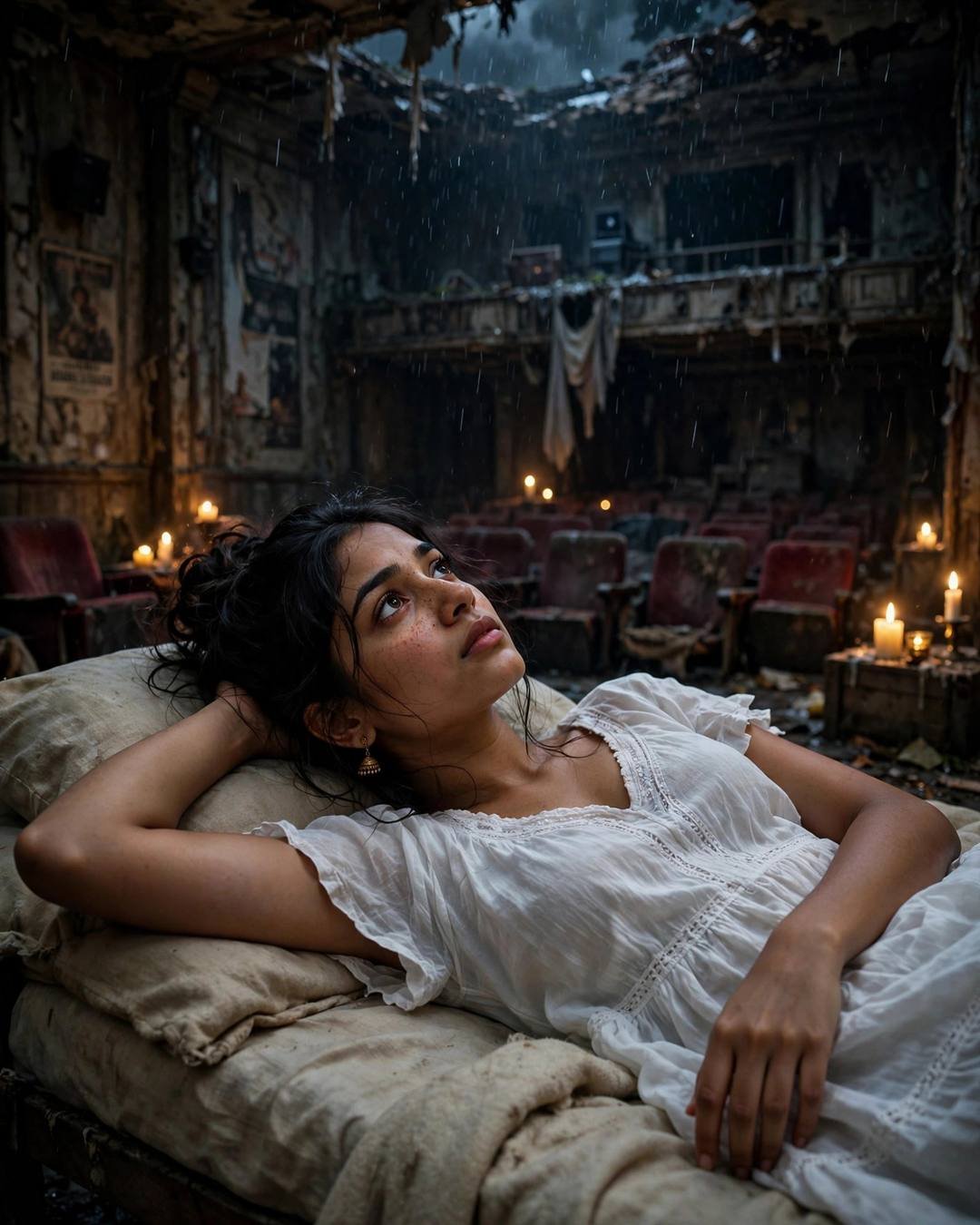 A young woman in a white summer dress lying on a bed in an abandoned candlelit cinema hall, gazing up at rain falling through the broken roof