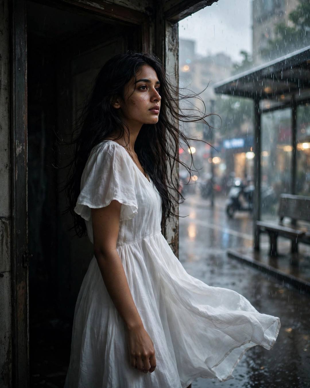 A young woman in a flowing white dress standing in a dark doorway, gazing out at a rain-soaked bus stop with the city glowing behind the rain