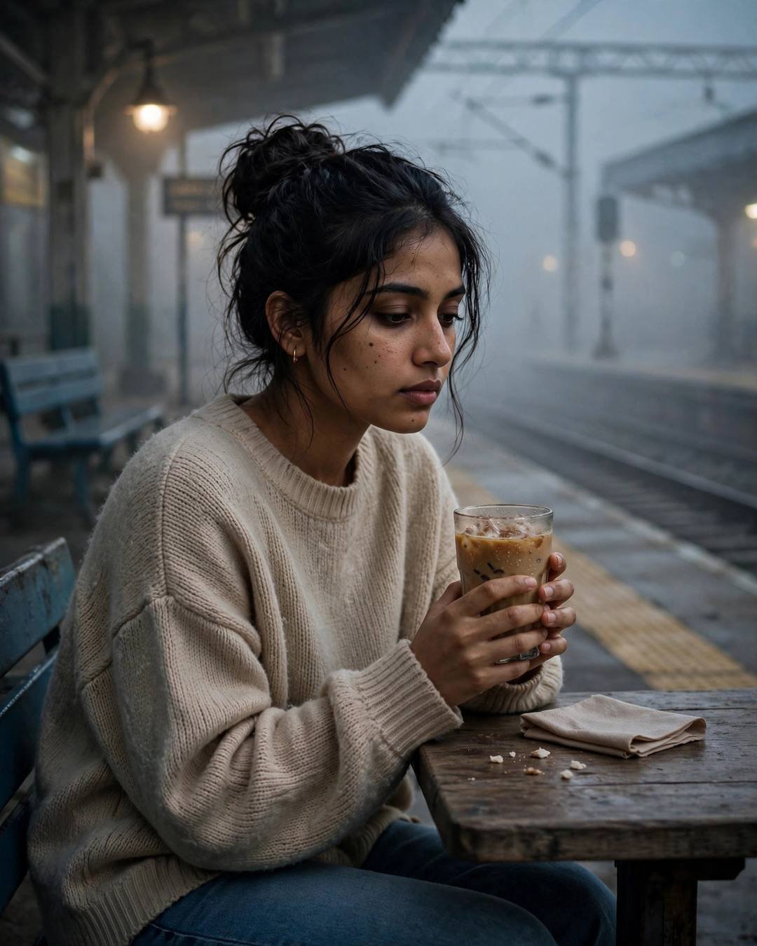 A young woman in a beige sweater cradling a cold coffee at a foggy railway platform at night, lost in thought under a glowing lamp