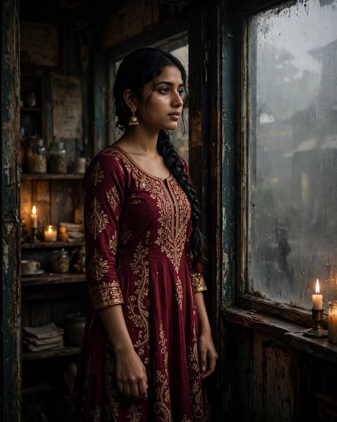 A young woman in a maroon anarkali with jhumkas standing in a doorway beside a fogged window, candles glowing in the old cafe behind her