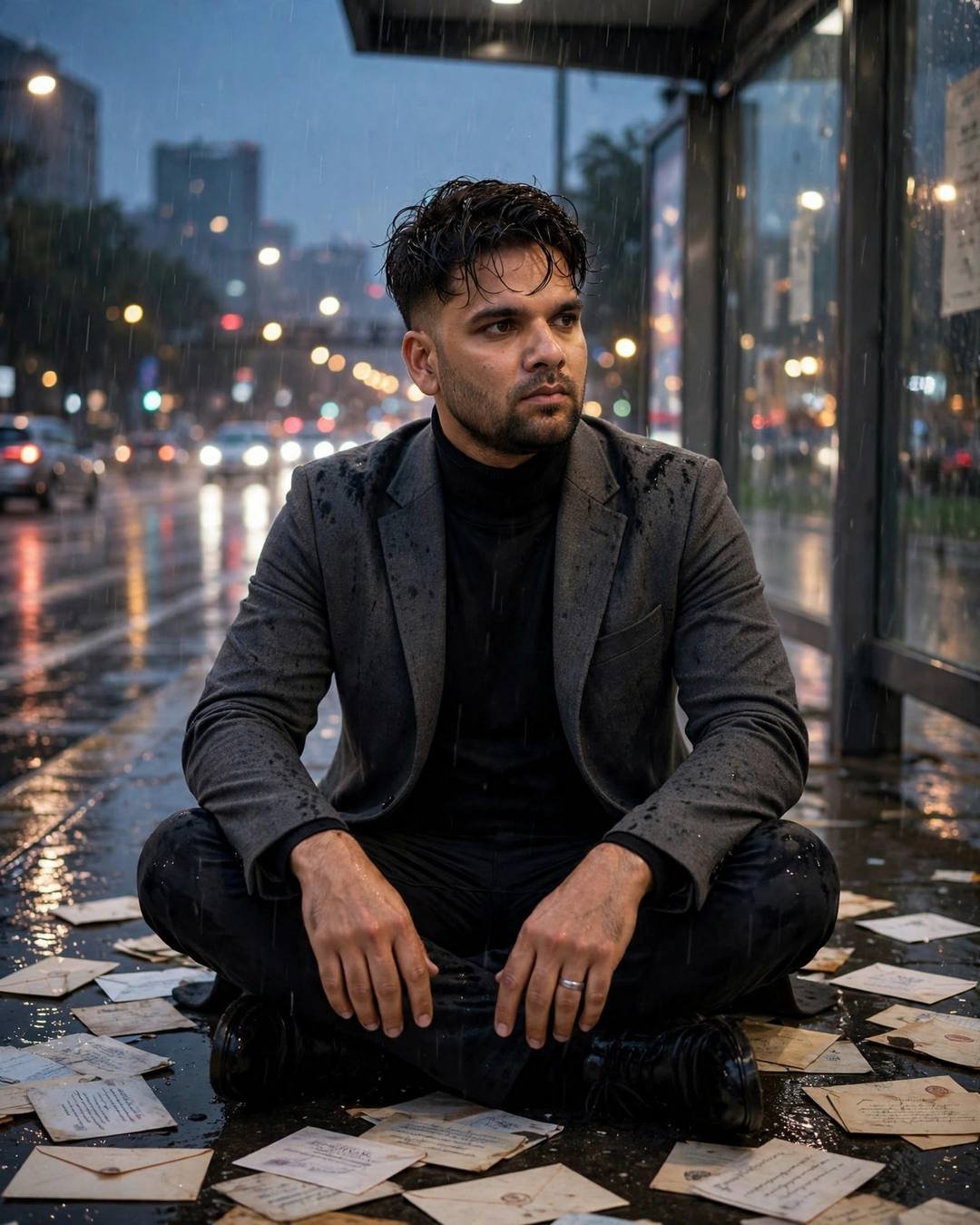 Lying flat on his back in the — AI-generated photorealistic portrait in the Empty Road mood
