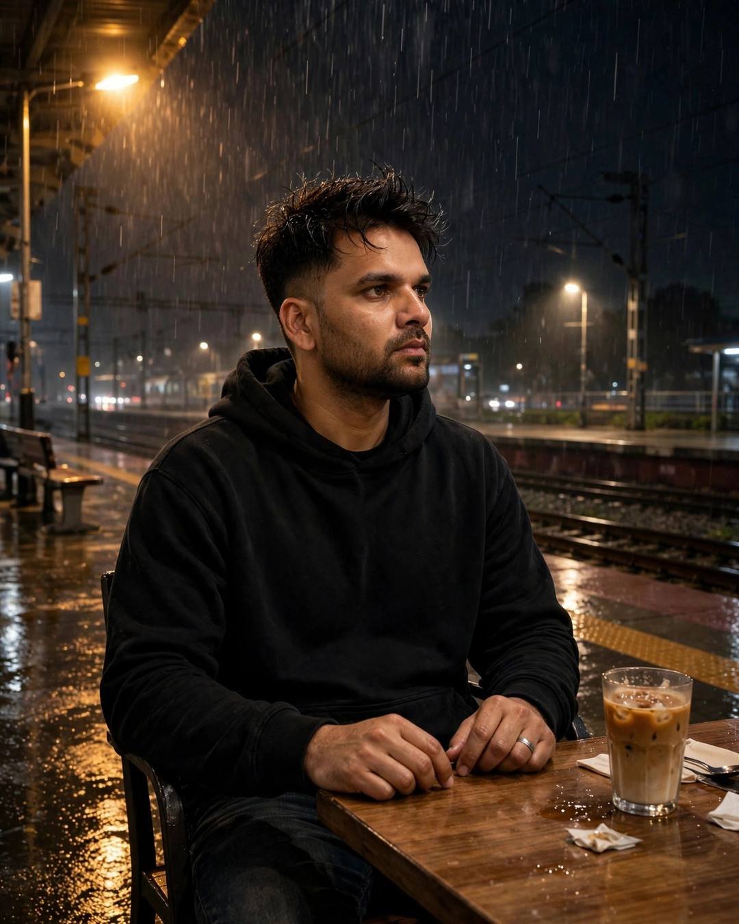 Counting faint stars from a lonely concrete — AI-generated photorealistic portrait in the Empty Road mood