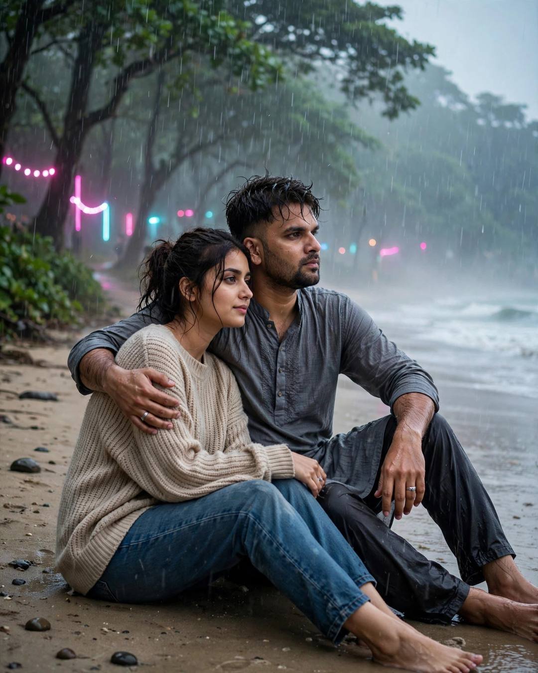 A couple sitting on rain-soaked sand in a monsoon downpour, neon pink and cyan lights glowing through the trees, the man in a grey kurta with his arm around the woman in a beige sweater