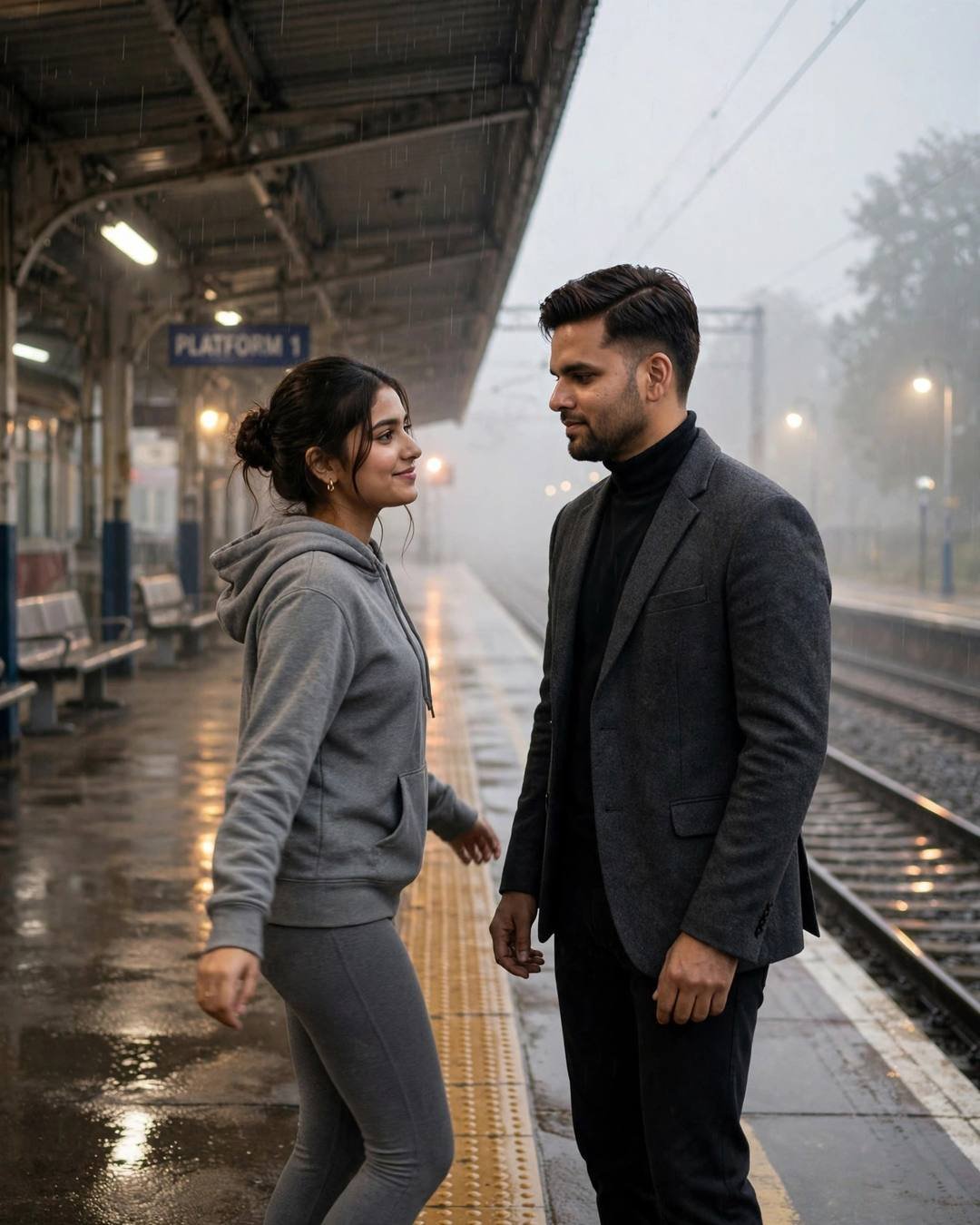 A couple facing each other smiling on a rainy railway platform at night, the man in a charcoal blazer and black turtleneck, the woman in a grey hoodie, Platform 1 sign glowing behind them