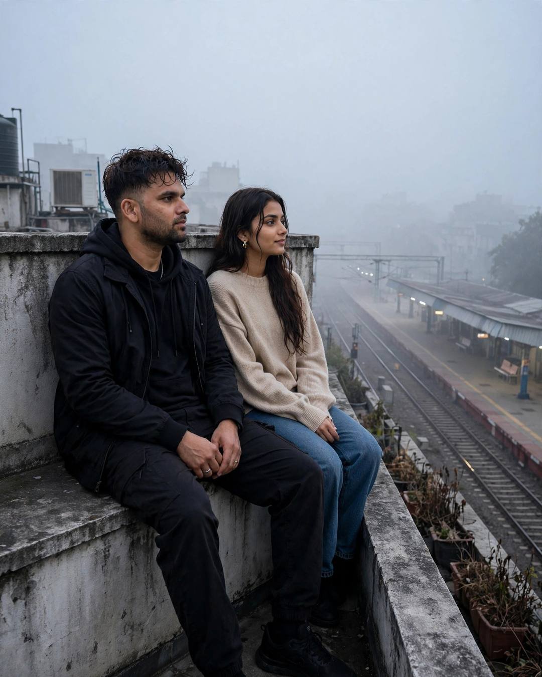 A couple sitting on a foggy rooftop ledge above railway tracks, the man in black streetwear and the woman in a beige sweater, platform lamps glowing through the mist