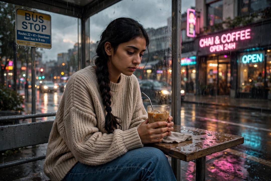 Young Indian woman in a beige sweater with a long braid, sitting at a rainy bus stop at night holding a cold coffee, neon lights glowing behind her.