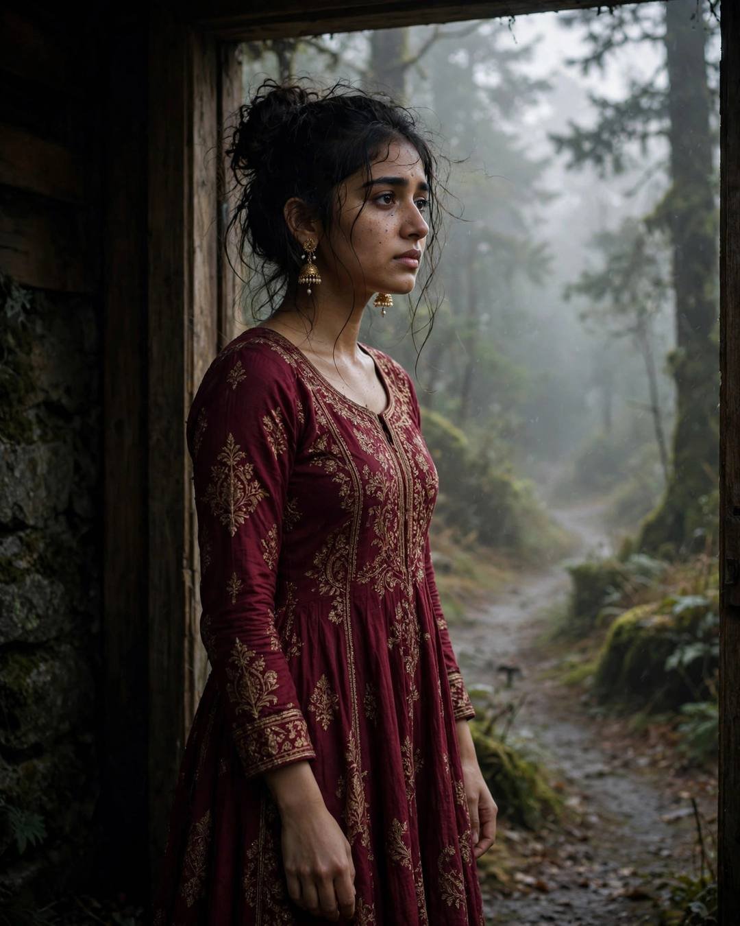 Young Indian woman in a maroon anarkali with gold jhumkas and a messy bun, standing in a doorway before a misty forest path at dawn.