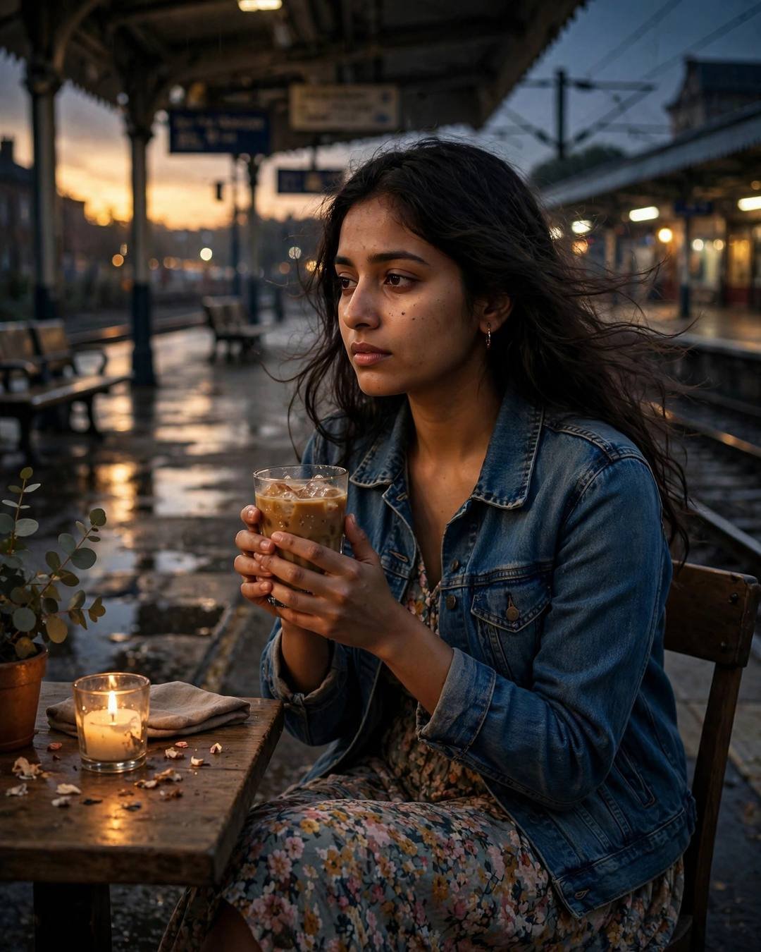Young Indian woman in a denim jacket over a floral dress, holding a cold coffee at an empty rain-wet railway platform at night, candlelight glowing on the table.