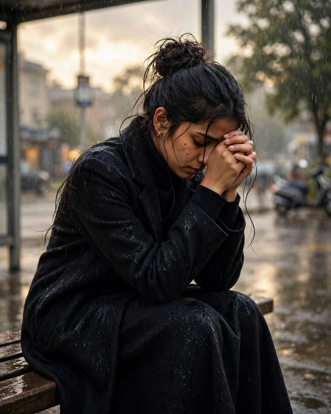 Young Indian woman in a black turtleneck and long coat, messy bun, sitting on a station bench in the rain with her head in her hands.