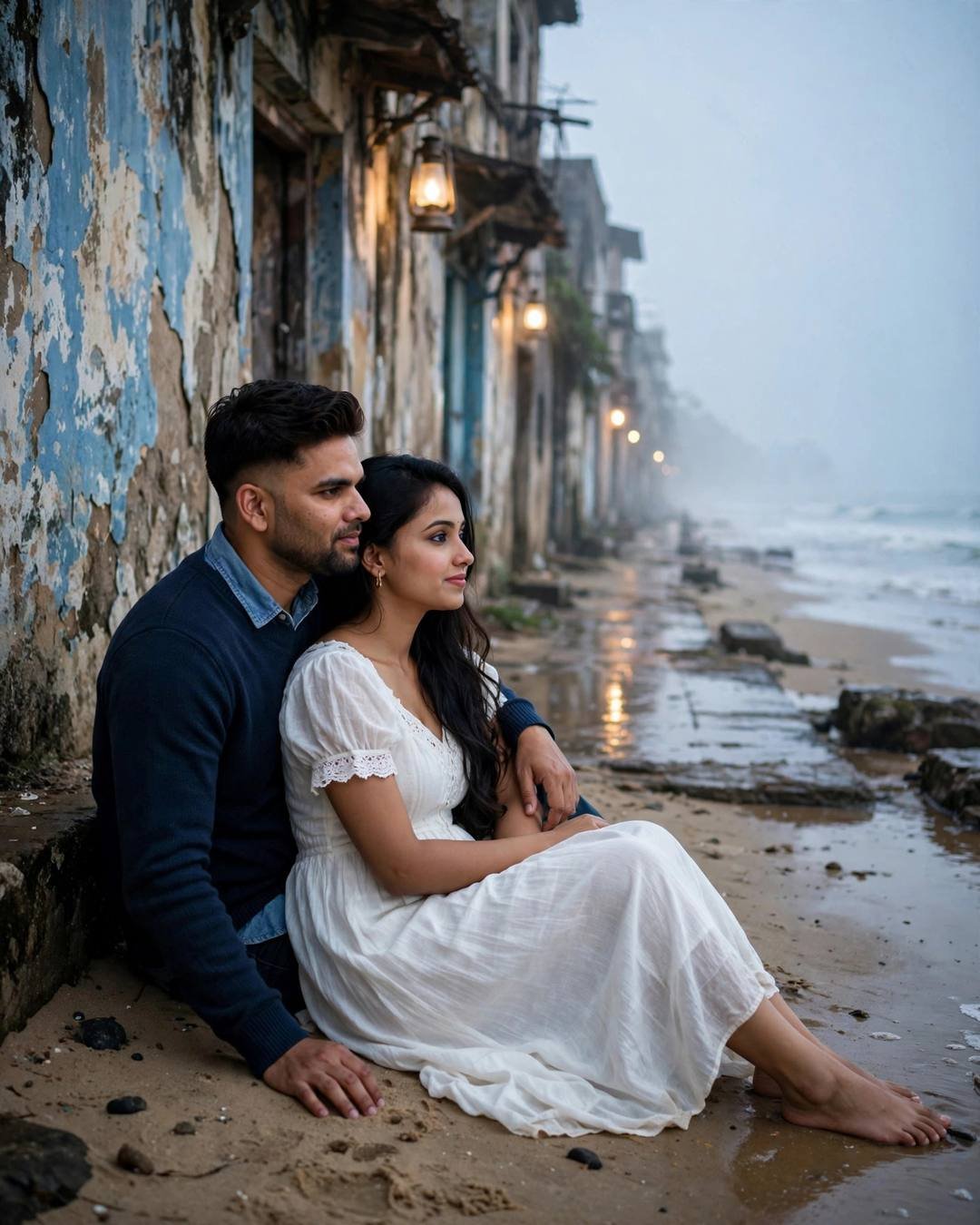 Young couple sitting on wet sand by a peeling old wall, man's arm around woman in white dress, sea beyond