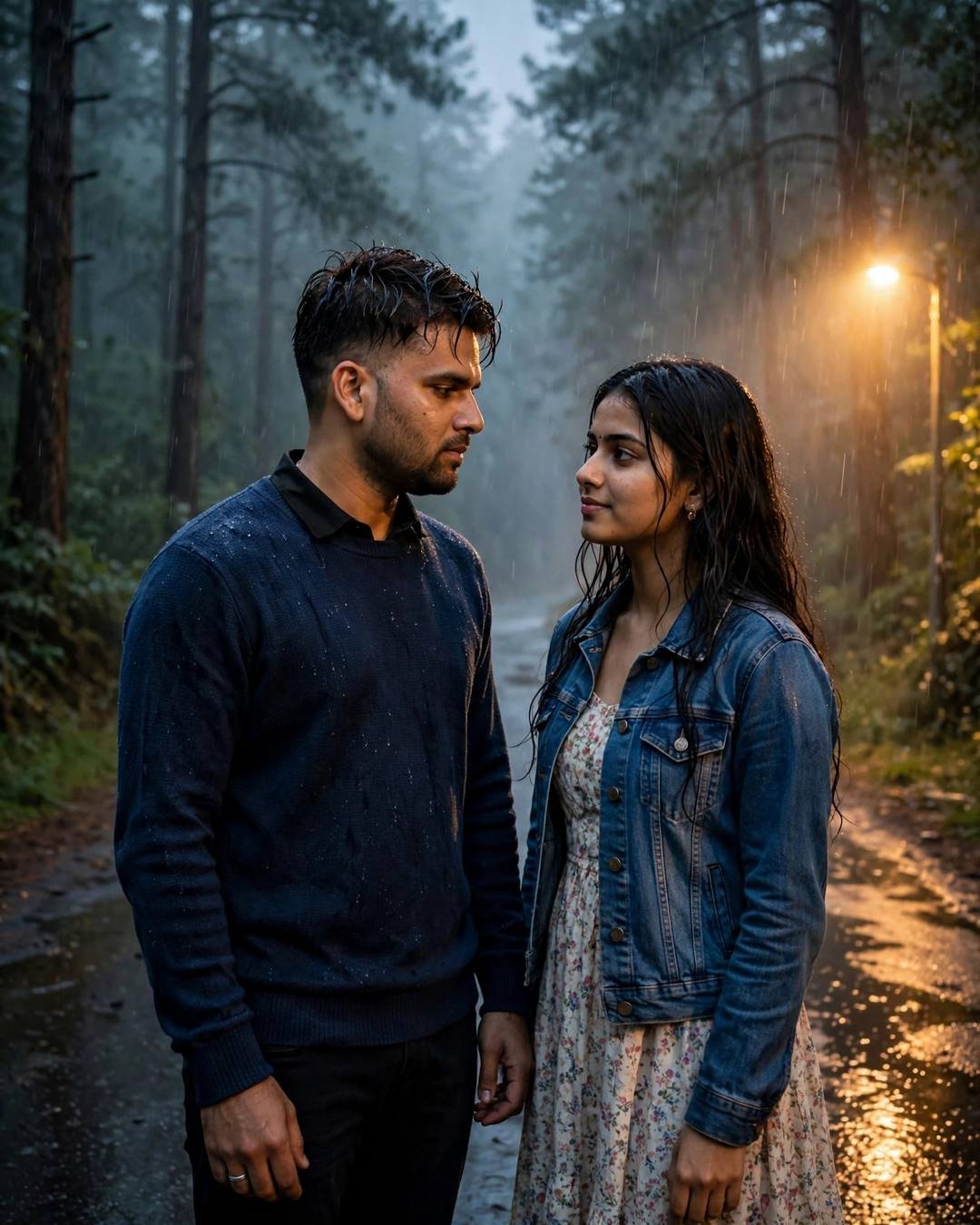 Young couple facing each other on a misty forest path at night, man in navy sweater, woman in denim jacket and floral dress