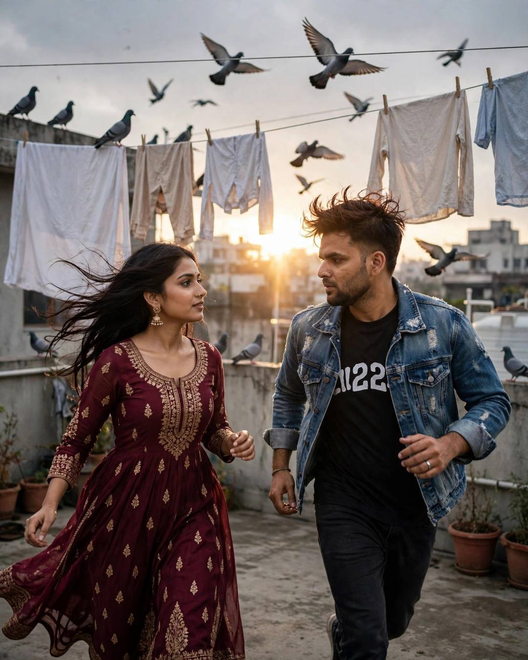 Young couple running toward each other on a rooftop terrace with clothes lines and pigeons, golden backlight