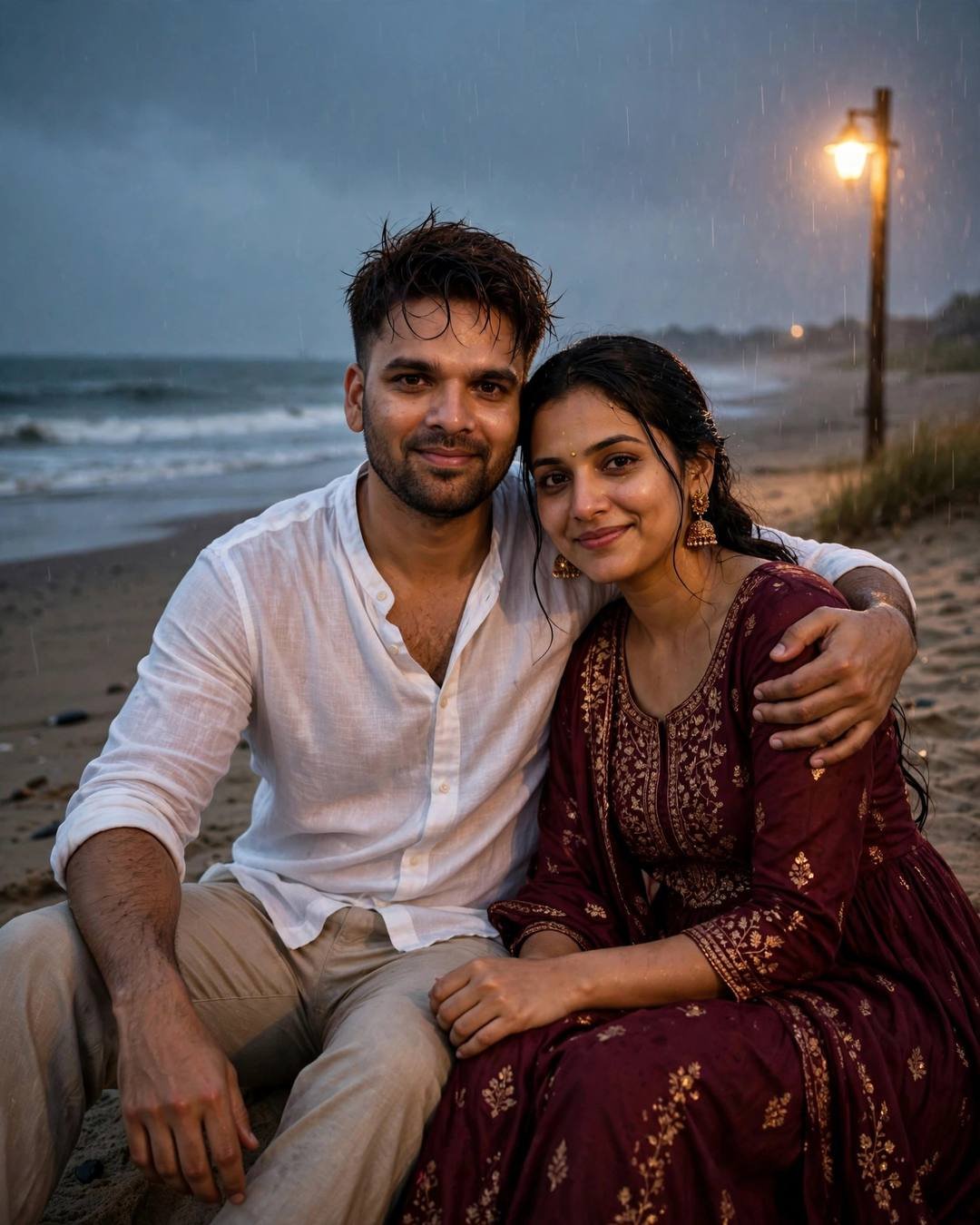 Couple sitting on rain-wet sand at a deserted beach at dusk, the man in a white linen shirt with his arm around a woman in a maroon anarkali, warm streetlamp glow