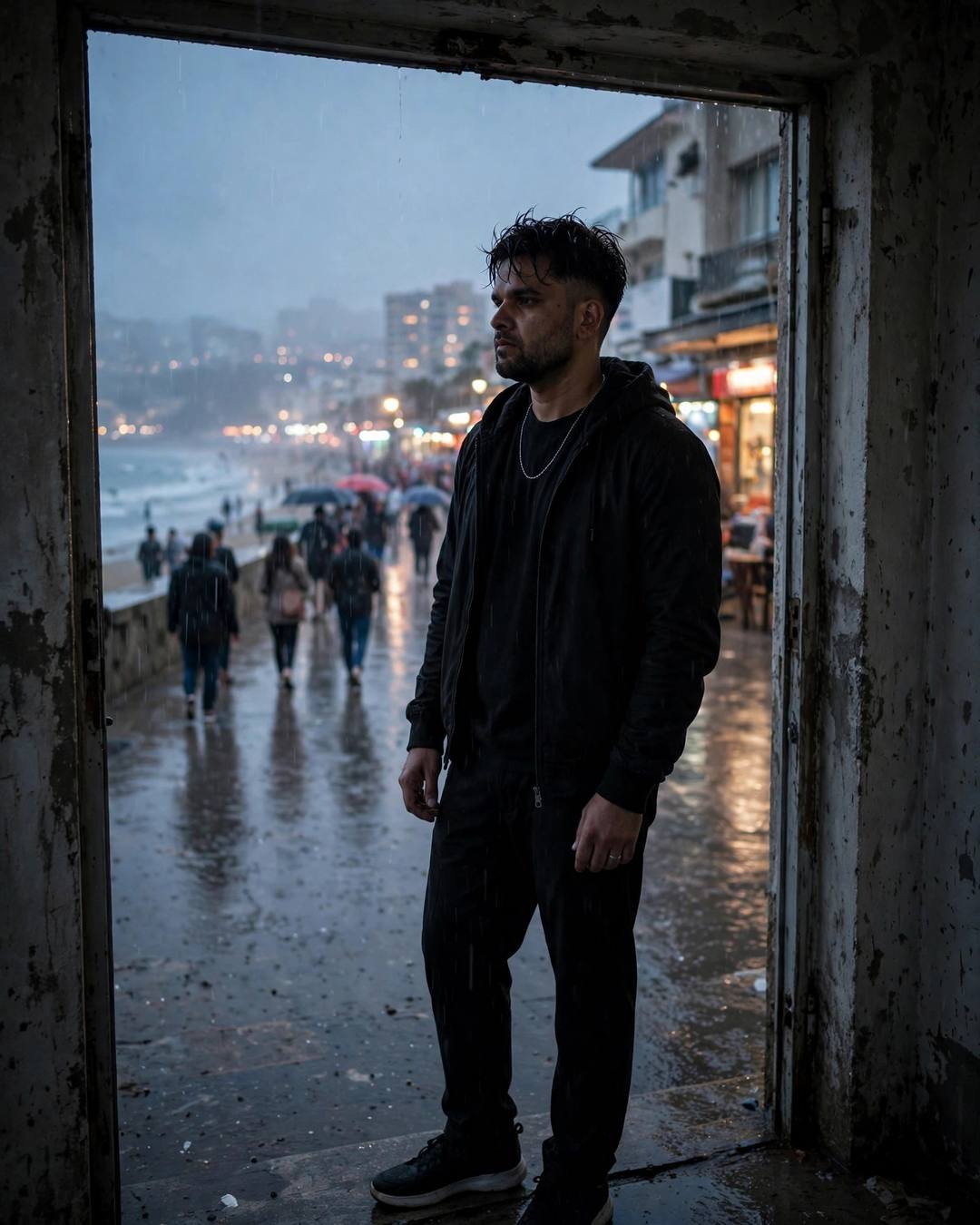 Young Indian man in all-black streetwear standing half in shadow in a doorway, watching a rainy crowded beach promenade at dusk