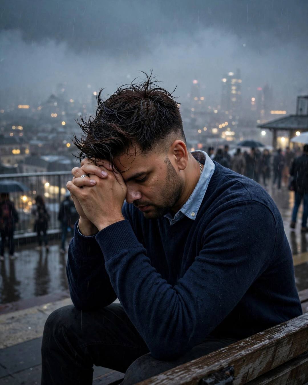 Young Indian man in a navy sweater sitting on a bench in the rain, head in his hands laughing softly, city lights behind