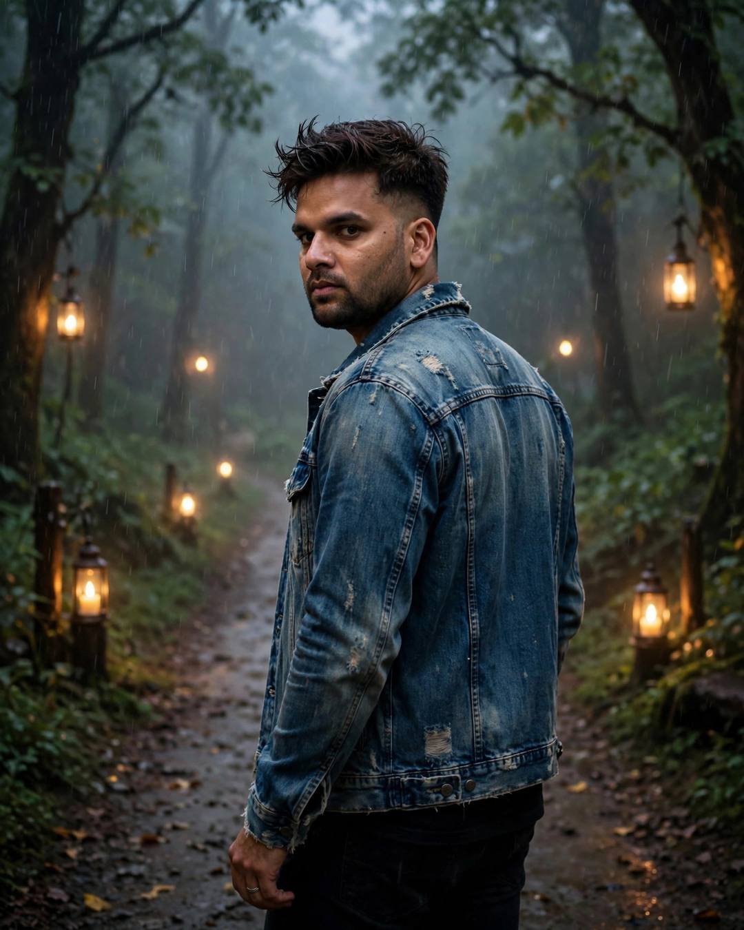 Young Indian man in a distressed denim jacket walking down a misty forest path lined with lanterns in light rain