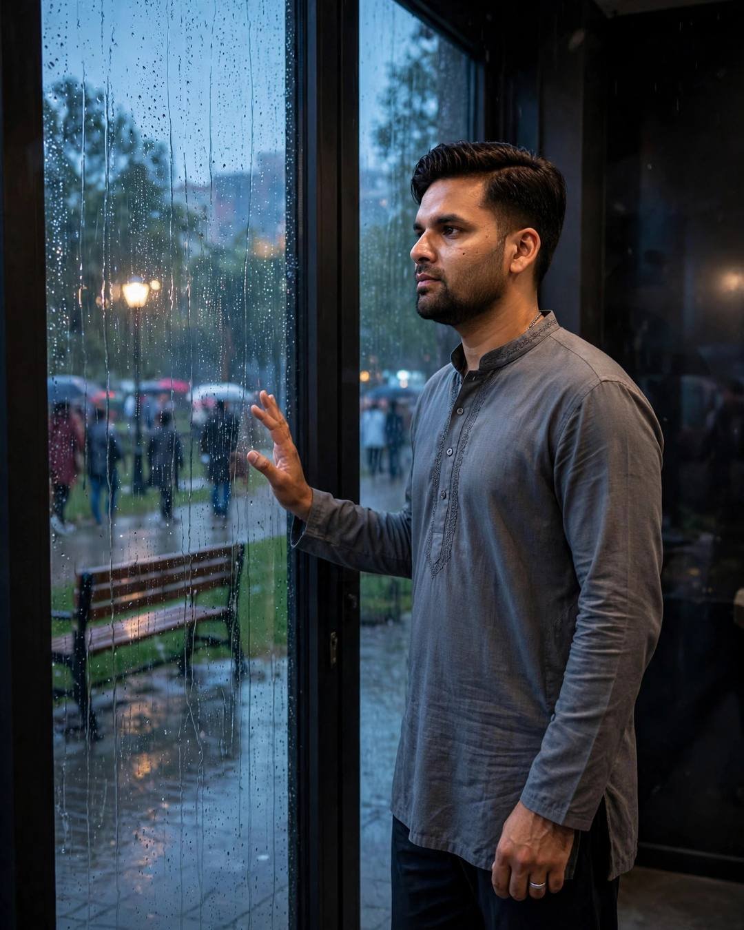 Young Indian man in a grey kurta standing at a rain-streaked window with one hand on the glass, crowd passing outside in blue hour