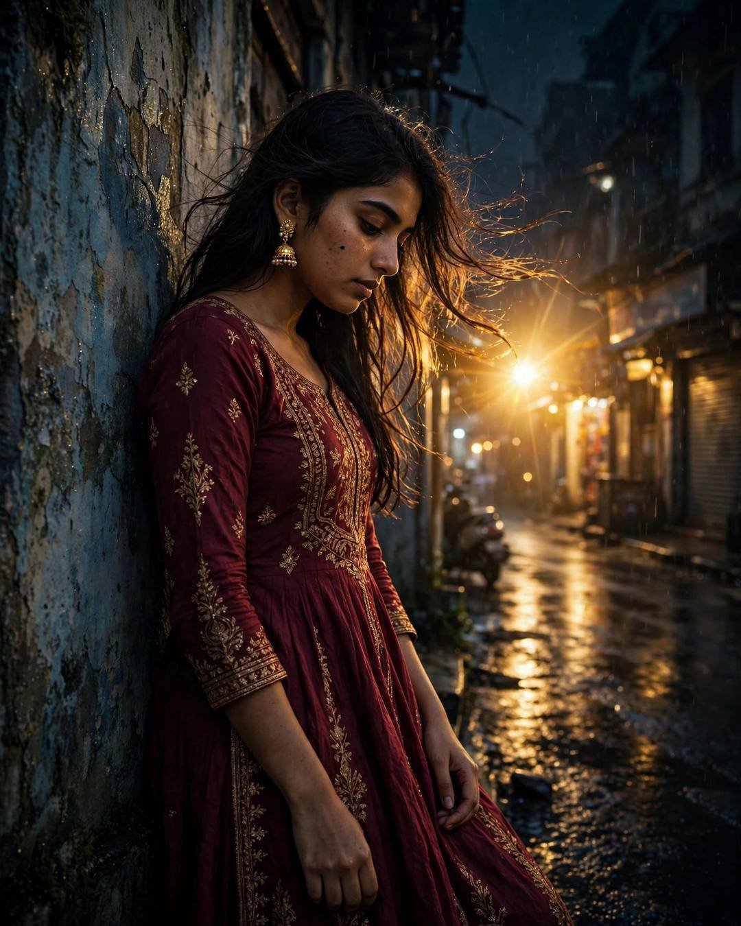 Young Indian woman in a maroon anarkali with jhumkas leaning against a weathered wall above a rain-soaked city street at night