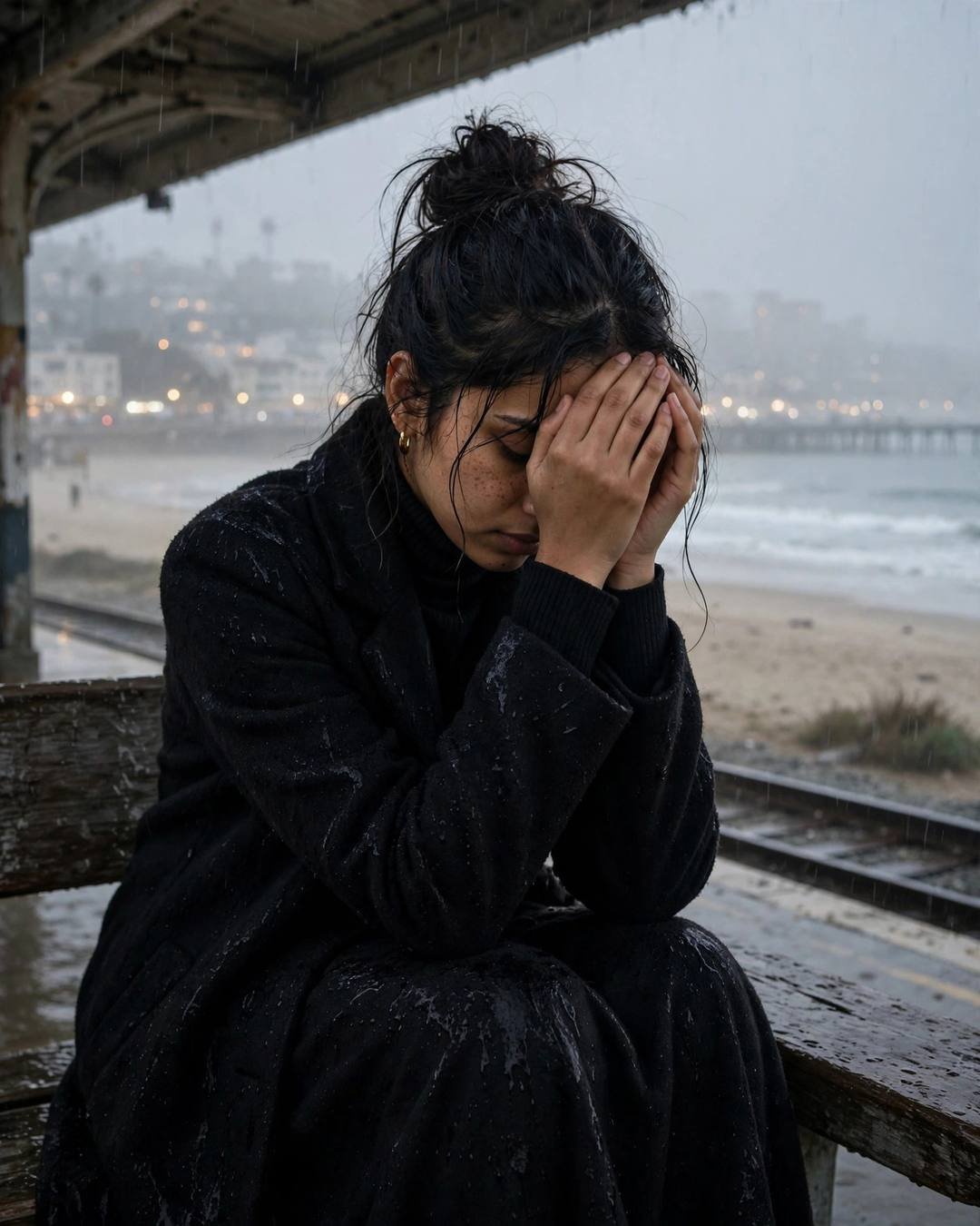 Young Indian woman in a black turtleneck and long coat sitting on a bench by a deserted beach at dusk in the drizzle