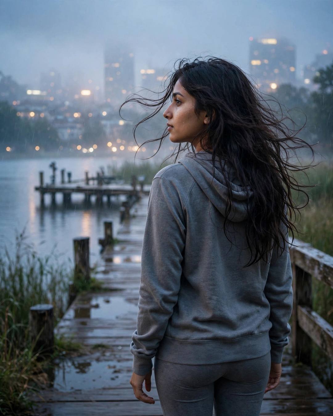 Young Indian woman in a grey hoodie and leggings looking over her shoulder on a lake pier at dawn in the rain