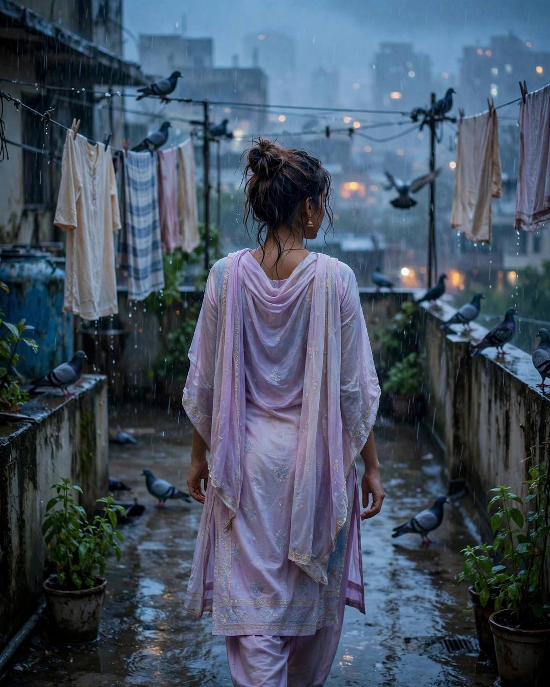 Young Indian woman in a pastel salwar-kameez with dupatta walking on a rainy terrace with clothes lines and pigeons