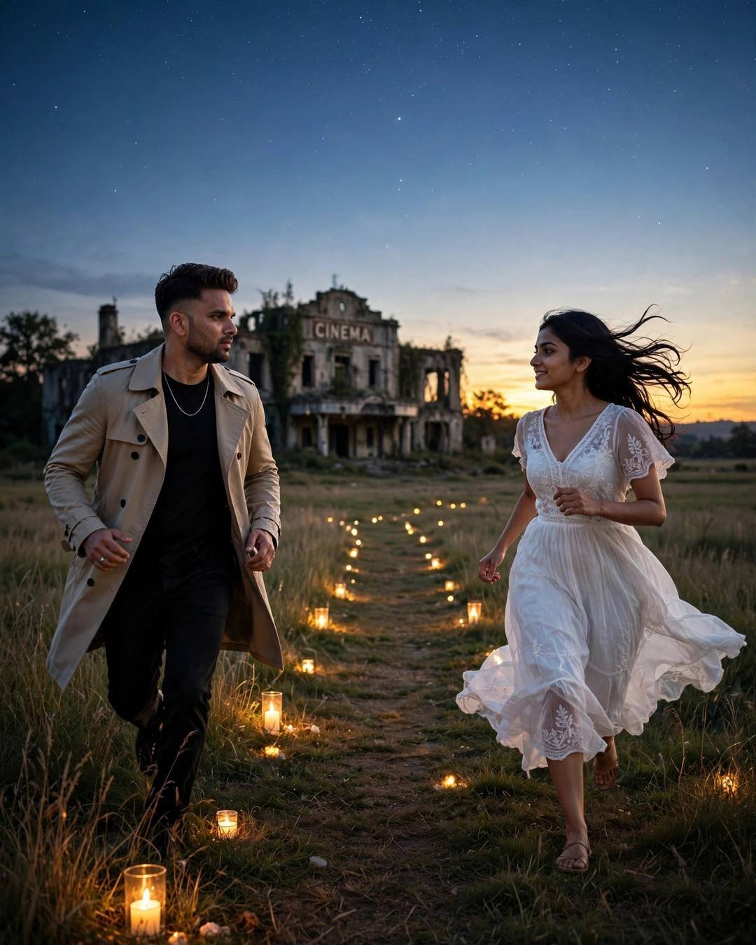 Couple running toward each other across a sunlit field at an abandoned cinema hall at night, a trail of lit candles between them