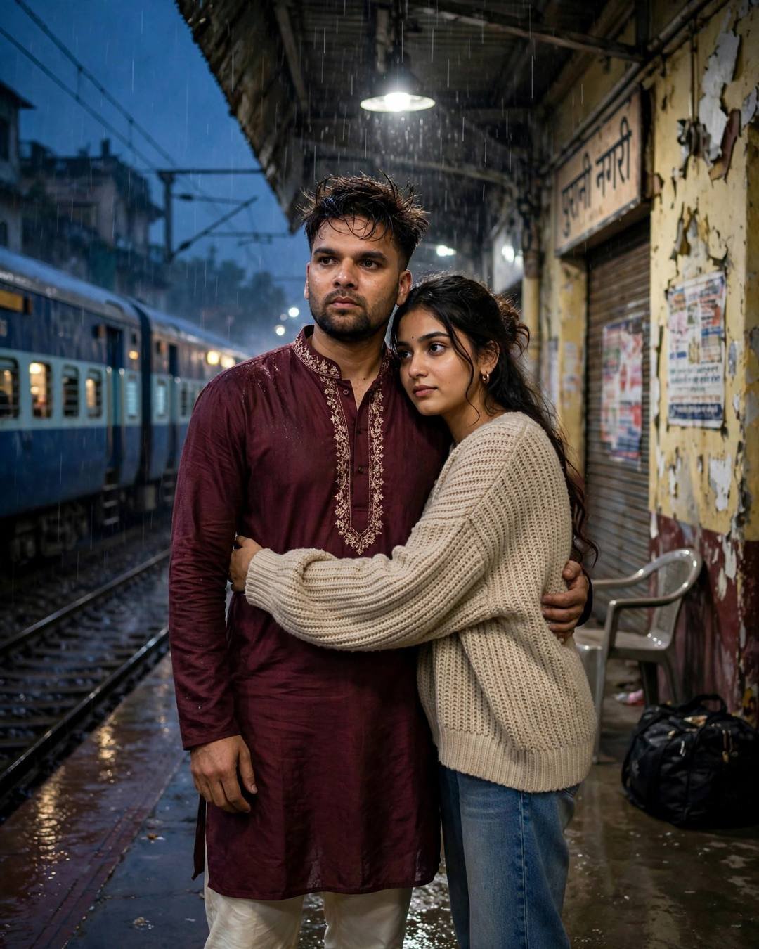 Couple embracing on a rainy railway platform at midnight, man in a maroon kurta, woman in a beige sweater, train glowing behind them