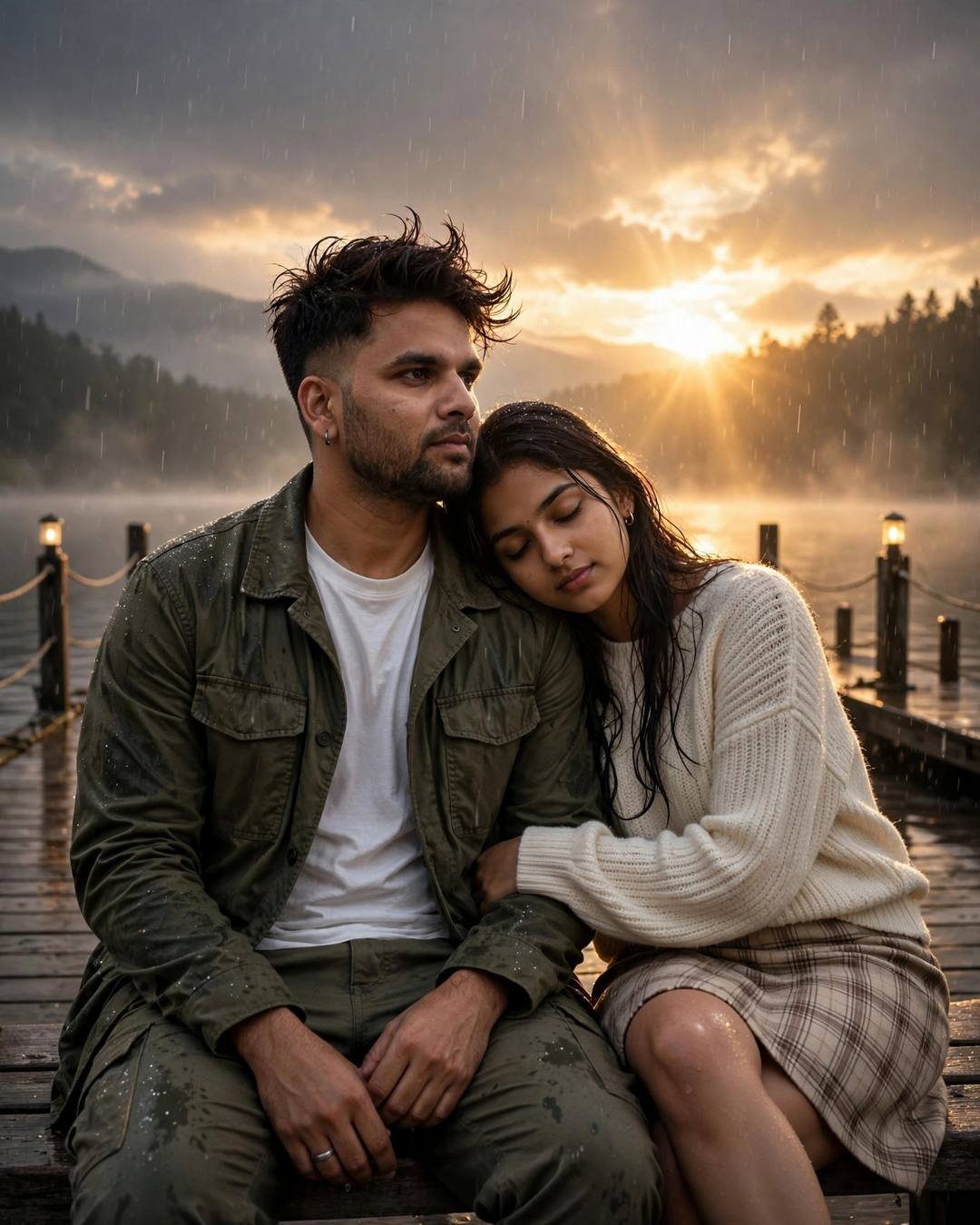 Couple seated on a quiet lake pier at dawn, woman resting her head on the man's shoulder, golden backlight with lens flare in the rain
