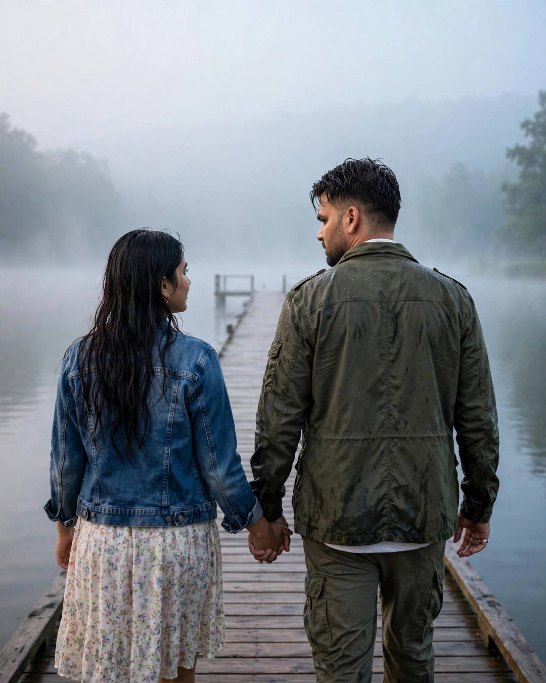 Couple walking hand in hand away from the camera into dense fog on a lake pier at dawn