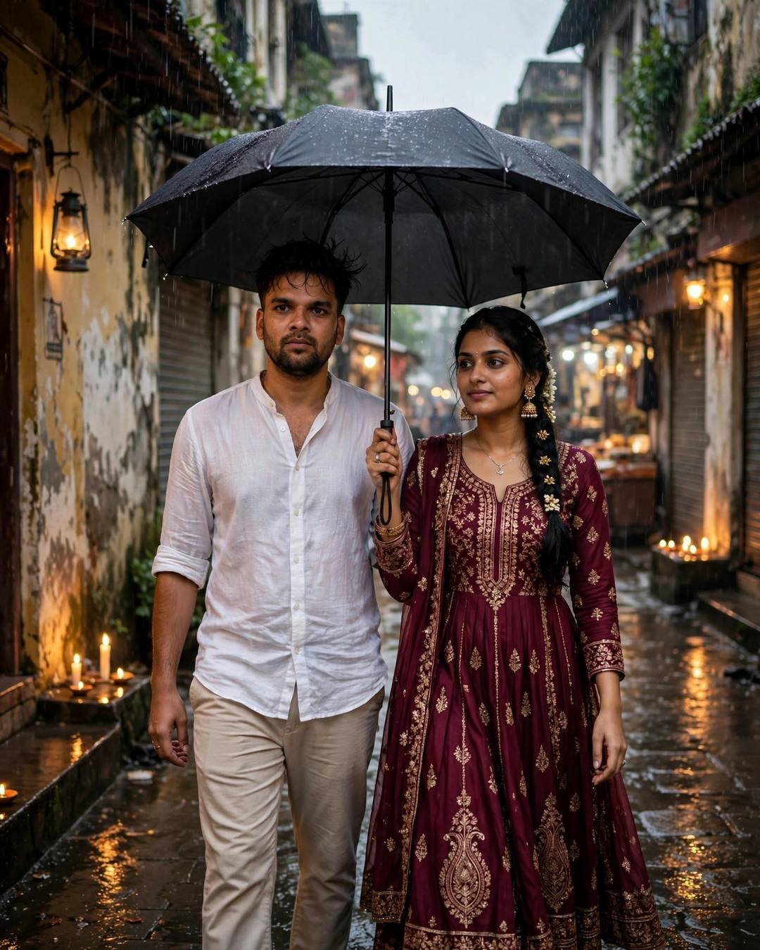 Couple walking side by side under one umbrella in a narrow old-city lane in the drizzle, man in a white linen shirt, woman in a maroon anarkali