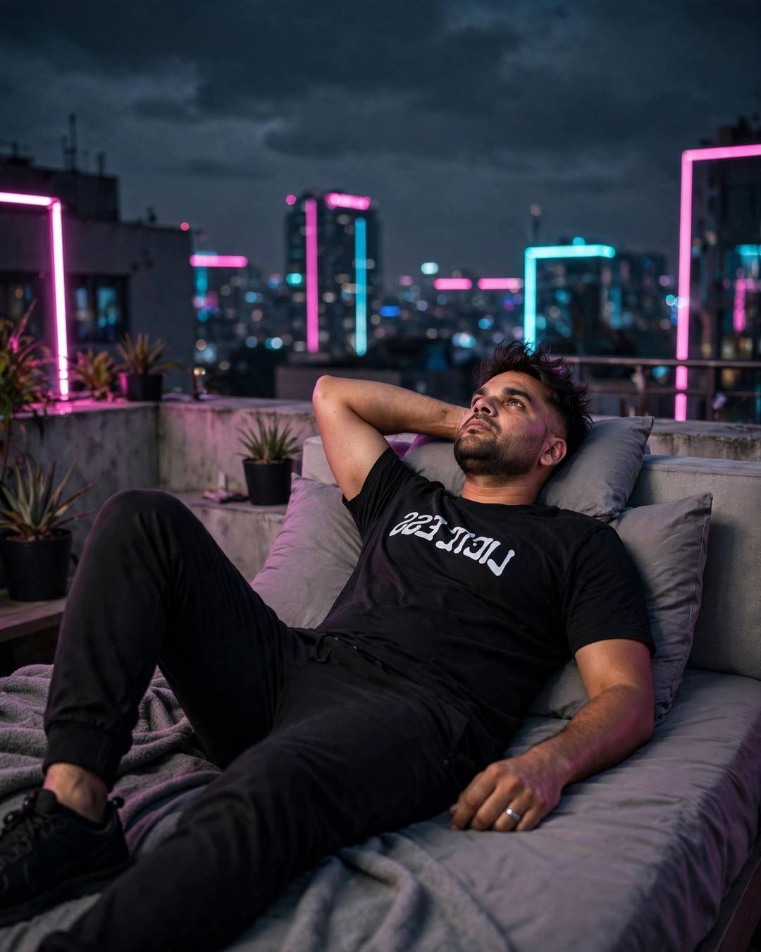 Young Indian man in black streetwear lying on a rooftop bed at night, neon pink and cyan city lights behind