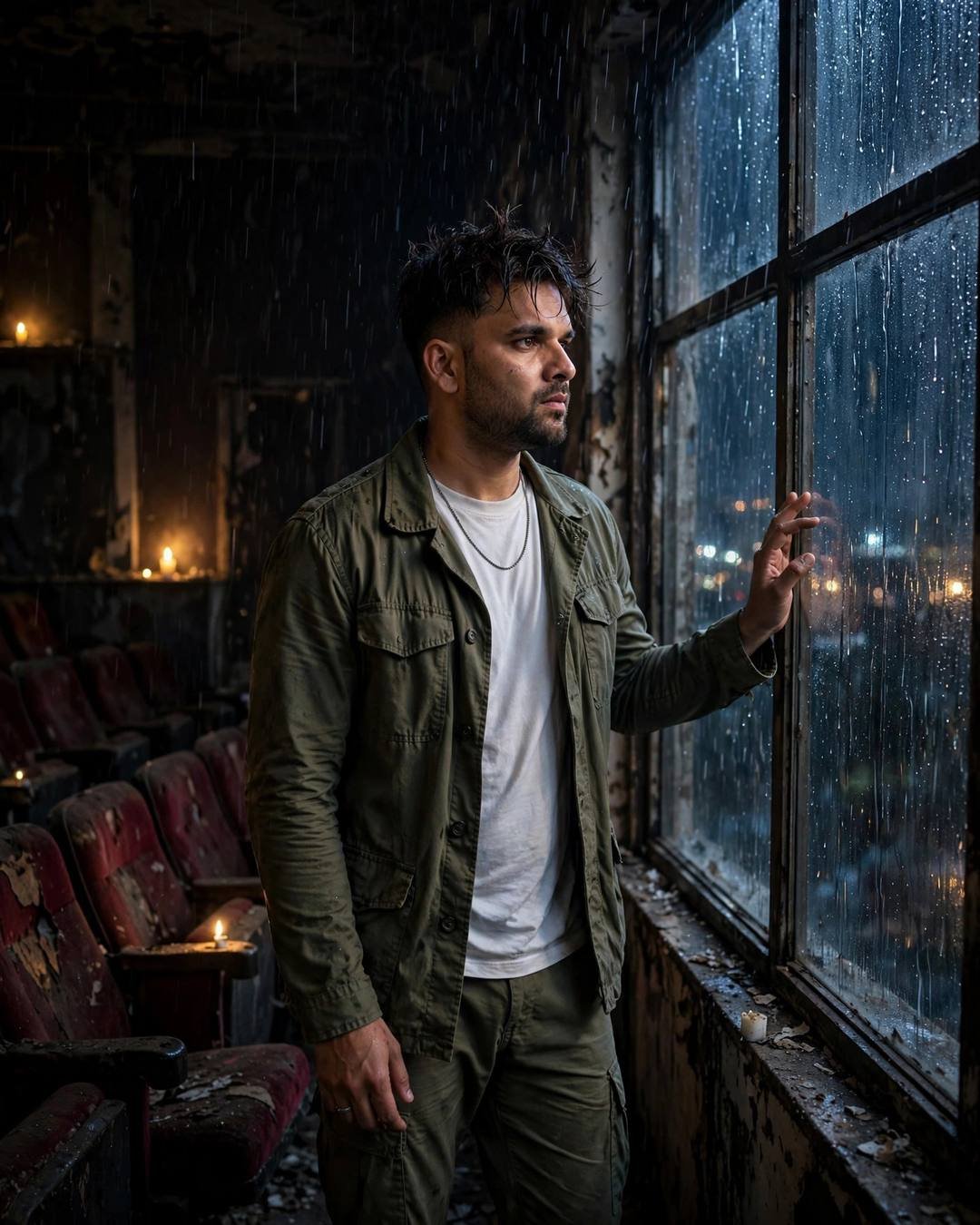Young Indian man in olive field jacket with hand on rain-streaked window in abandoned cinema hall, candlelight behind