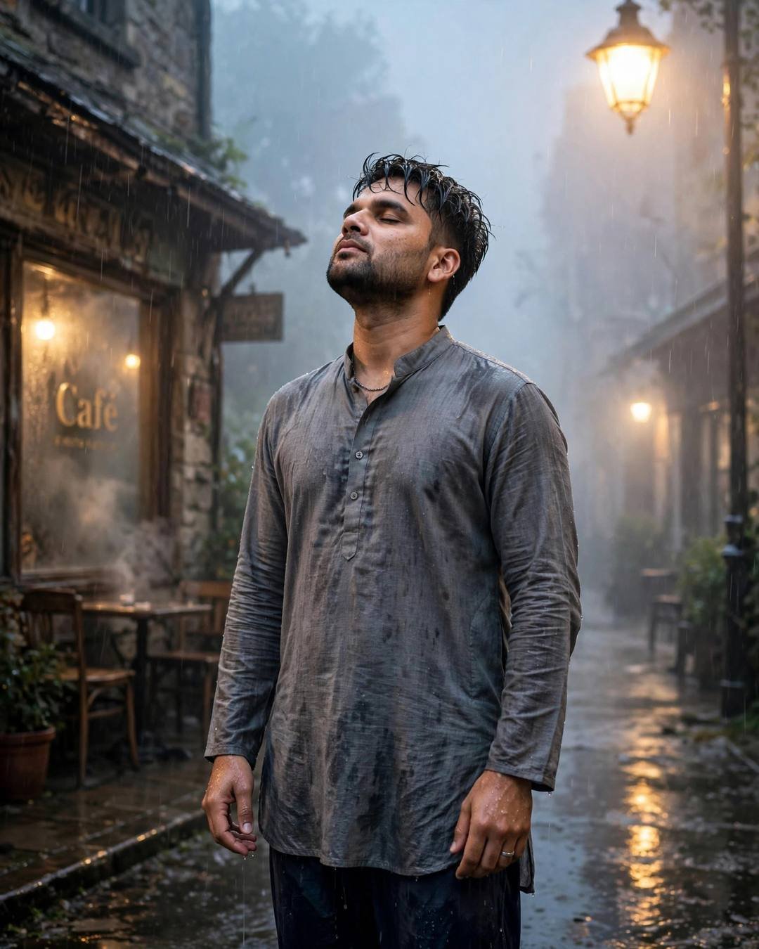 Young Indian man in grey kurta standing under a streetlamp in rain at dawn, face lifted to sky, cafe window glowing