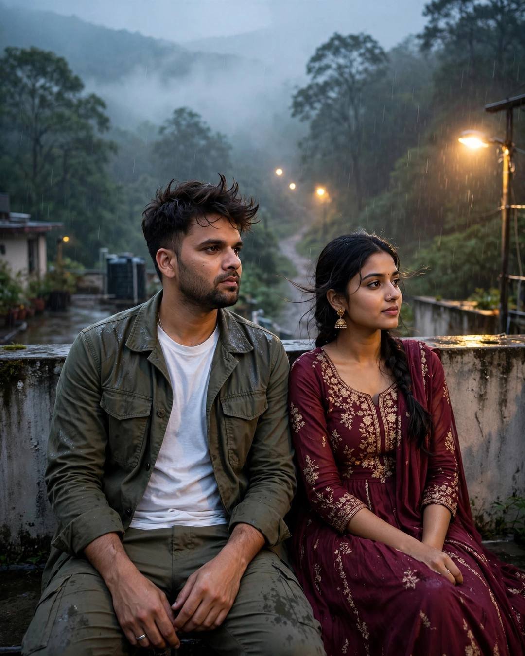 A couple sitting on a rainy rooftop at night, sodium streetlamps glowing through drizzle, the man in an olive field jacket and the woman in a maroon anarkali with jhumkas