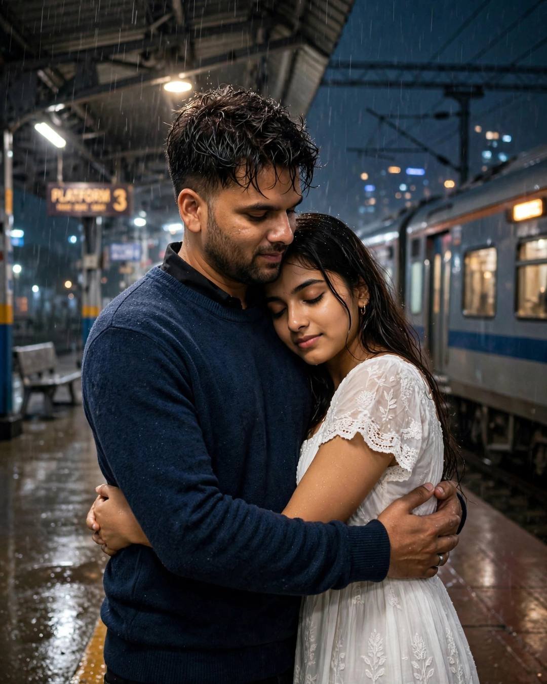 A couple sharing one last embrace on a rainy midnight railway platform, the man in a navy sweater and the woman in a white summer dress, a train waiting behind them