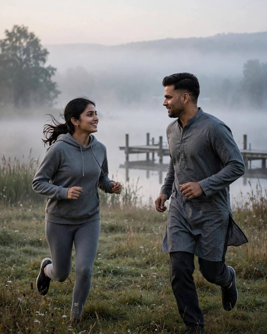 A couple running toward each other laughing across a foggy field at dawn, a wooden lake pier behind them, the man in a grey kurta and the woman in a grey hoodie