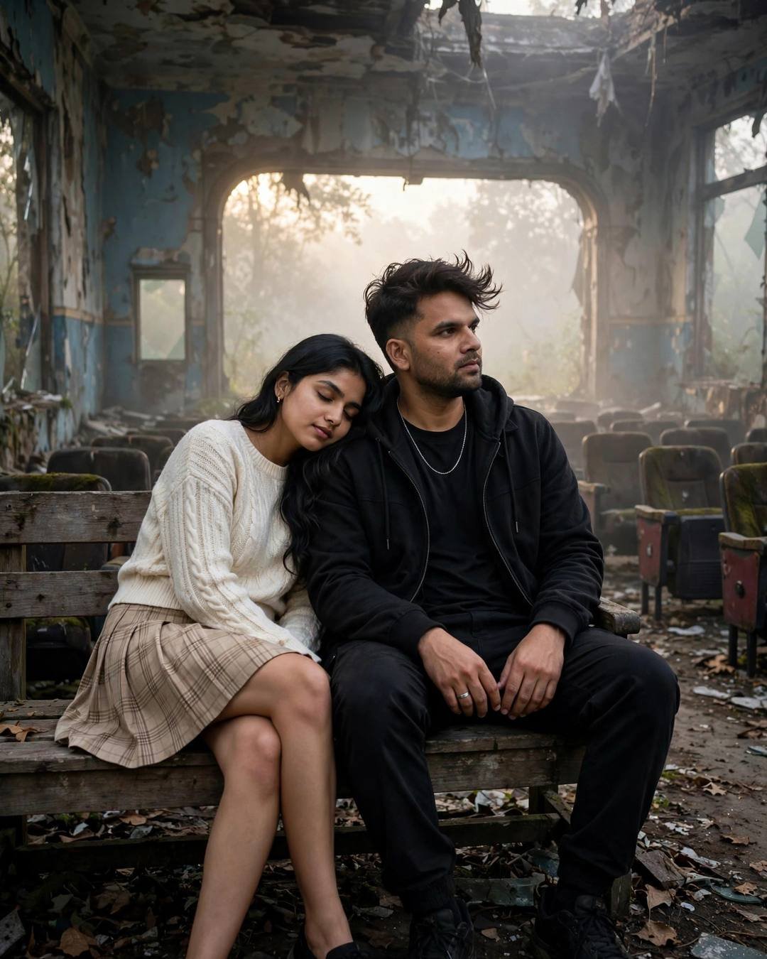 A couple on a weathered bench inside an abandoned cinema hall, fog drifting through a broken arch, the man in black streetwear and the woman in a cream knit top resting her head on his shoulder